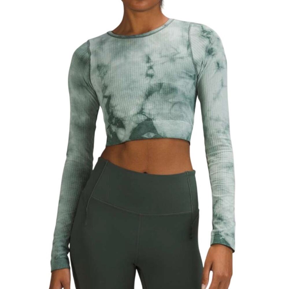 Lululemon Ebb to Street Long Sleeve Marble Tidewater Teal Cropped Workout Top